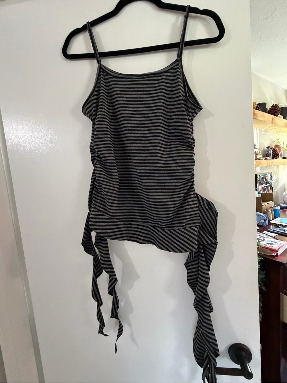 ROMWE Black & Gray Striped Side-Tie Ruched Tank